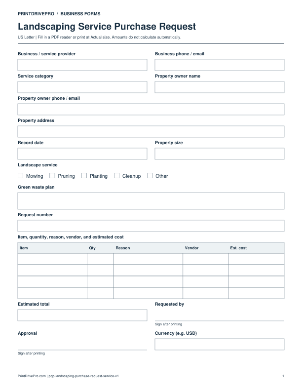 Preview of Landscaping Service Purchase Request