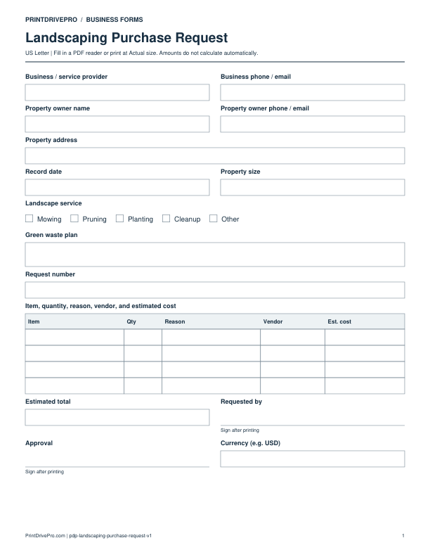 Preview of Landscaping Purchase Request