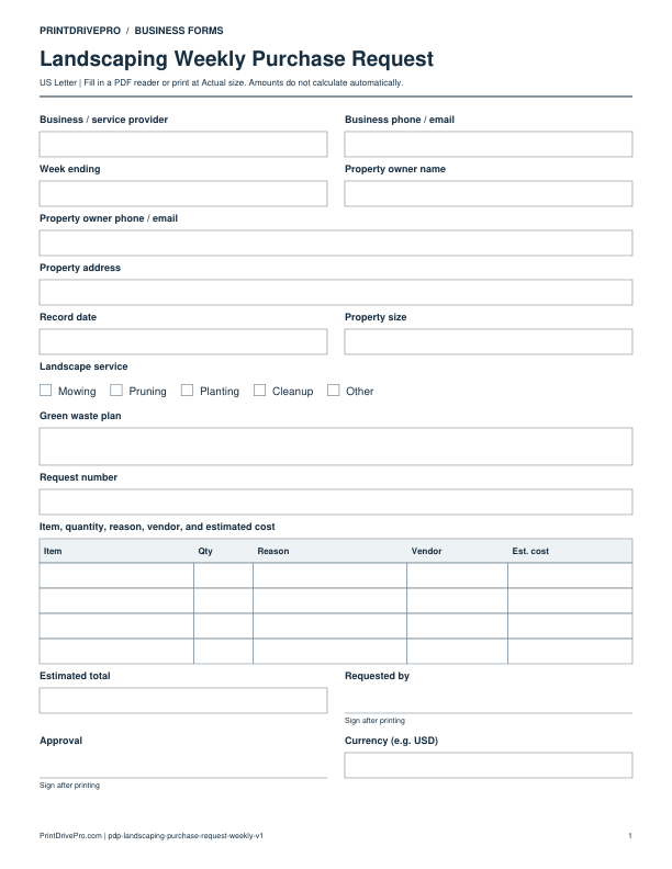 Preview of Landscaping Weekly Purchase Request