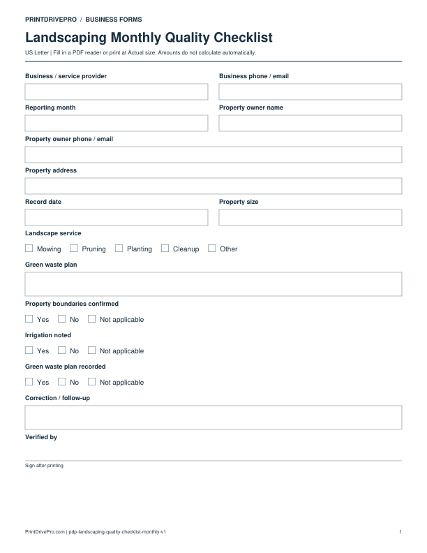 Preview of Landscaping Monthly Quality Checklist