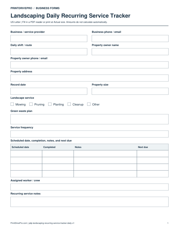 Preview of Landscaping Daily Recurring Service Tracker
