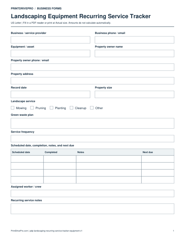 Preview of Landscaping Equipment Recurring Service Tracker