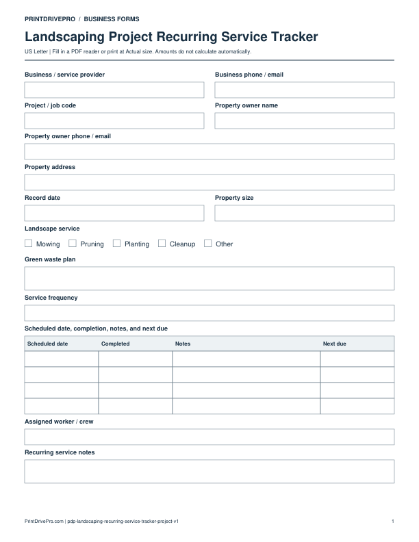 Preview of Landscaping Project Recurring Service Tracker