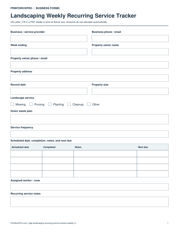 Preview of Landscaping Weekly Recurring Service Tracker
