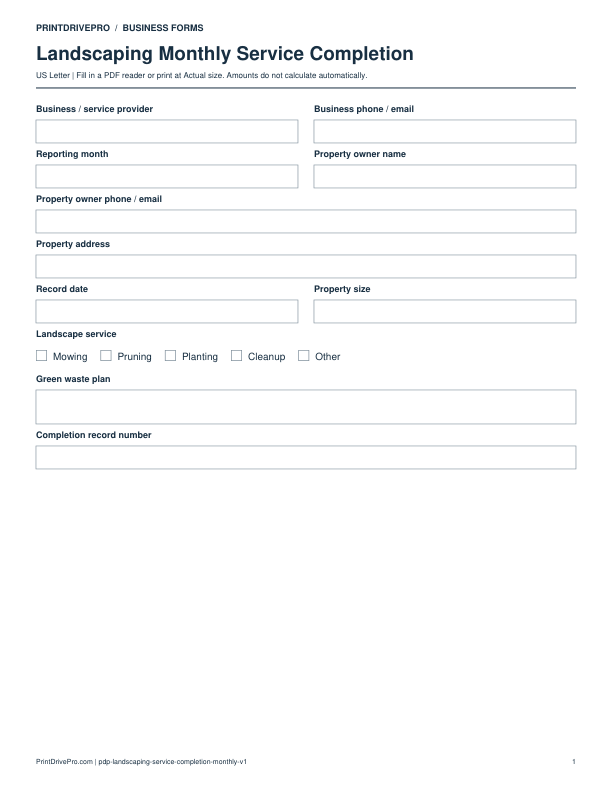 Preview of Landscaping Monthly Service Completion