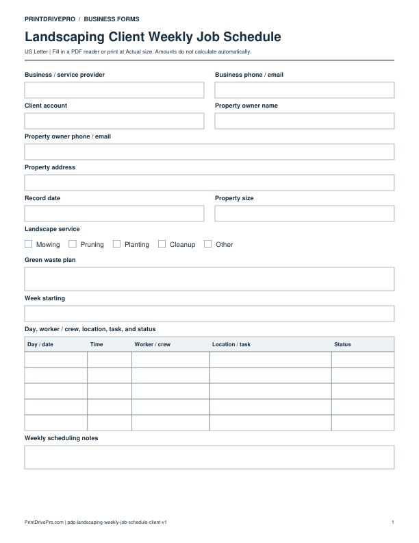 Preview of Landscaping Client Weekly Job Schedule