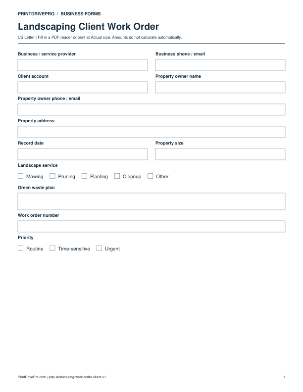 Preview of Landscaping Client Work Order