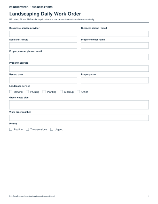 Preview of Landscaping Daily Work Order