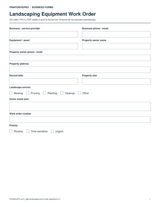 Preview of Landscaping Equipment Work Order