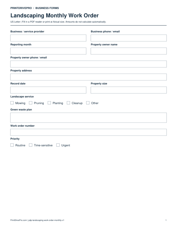 Preview of Landscaping Monthly Work Order