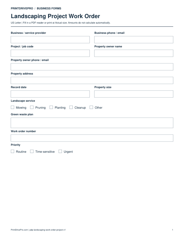 Preview of Landscaping Project Work Order