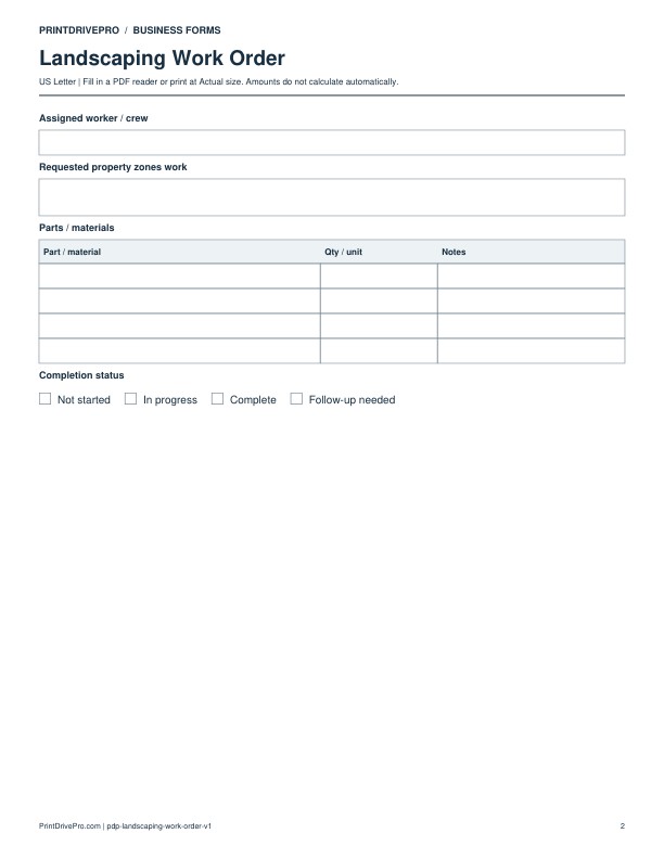 Page 2 of Landscaping Work Order Printable