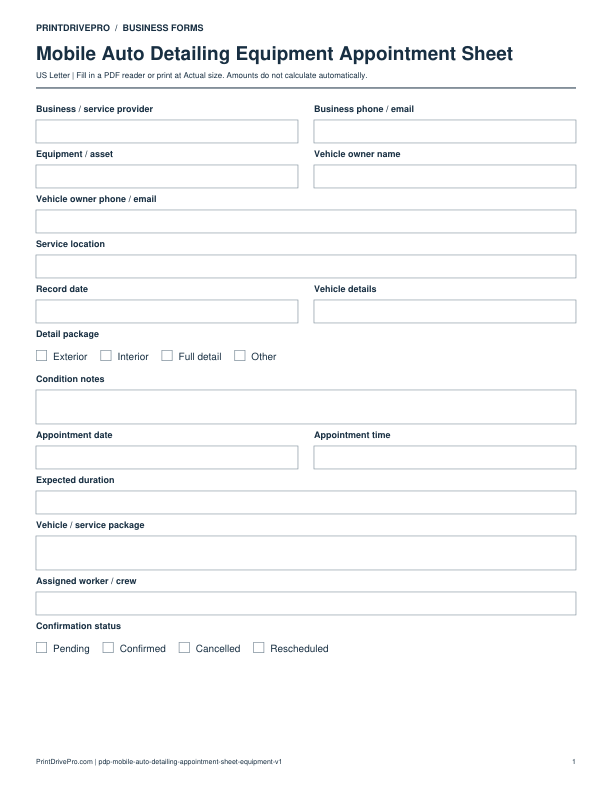 Preview of Mobile Auto Detailing Equipment Appointment Sheet