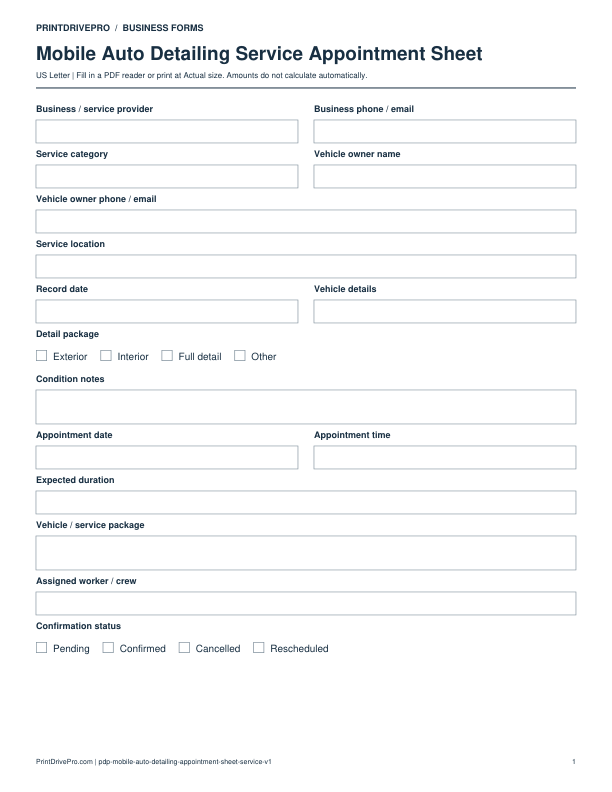 Preview of Mobile Auto Detailing Service Appointment Sheet