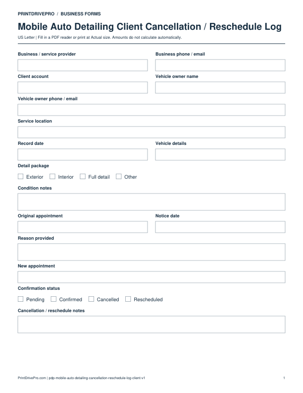 Preview of Mobile Auto Detailing Client Cancellation / Reschedule Log