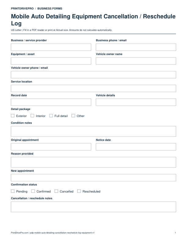 Preview of Mobile Auto Detailing Equipment Cancellation / Reschedule Log