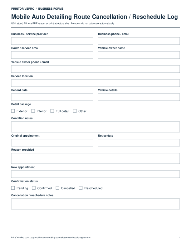 Preview of Mobile Auto Detailing Route Cancellation / Reschedule Log