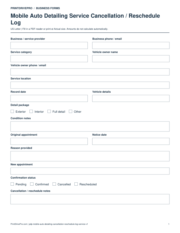 Preview of Mobile Auto Detailing Service Cancellation / Reschedule Log