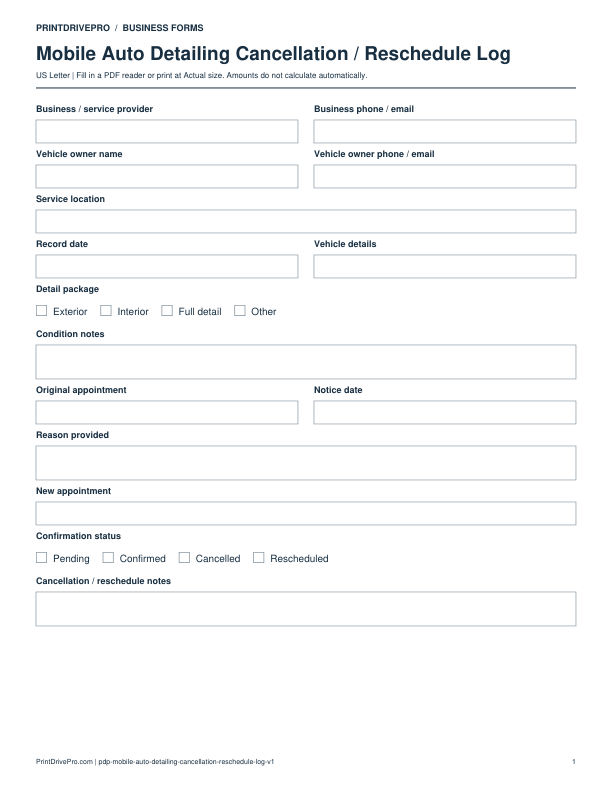 Preview of Mobile Auto Detailing Cancellation / Reschedule Log