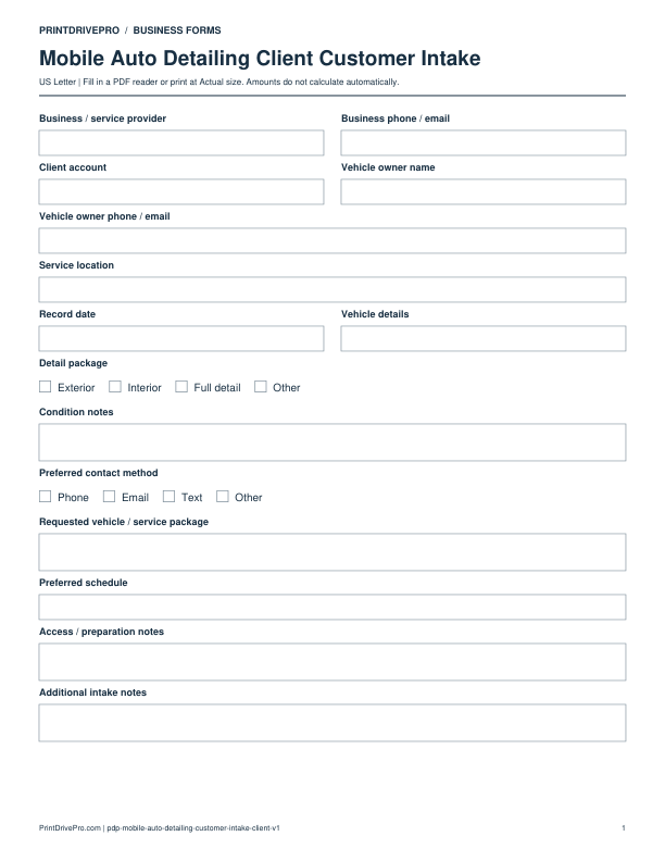 Preview of Mobile Auto Detailing Client Customer Intake