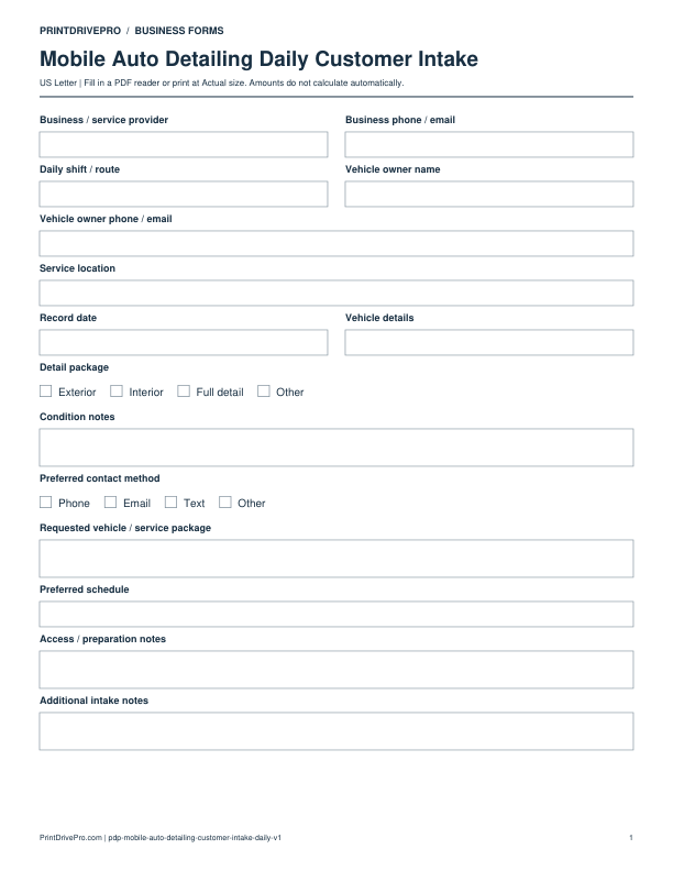 Preview of Mobile Auto Detailing Daily Customer Intake
