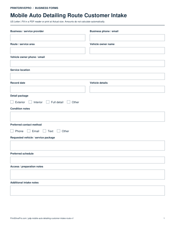 Preview of Mobile Auto Detailing Route Customer Intake