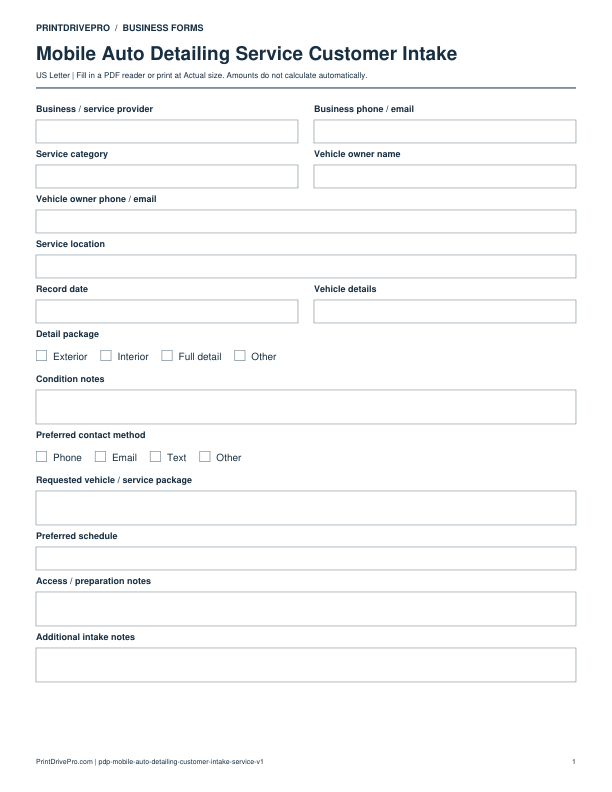 Preview of Mobile Auto Detailing Service Customer Intake