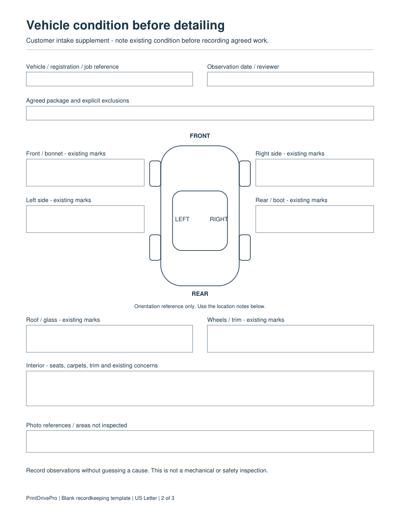 Page 2 of Mobile Auto Detailing Customer Intake Printable