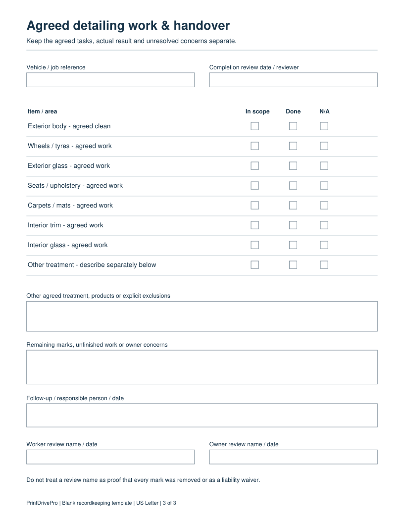 Page 3 of Mobile Auto Detailing Customer Intake Printable