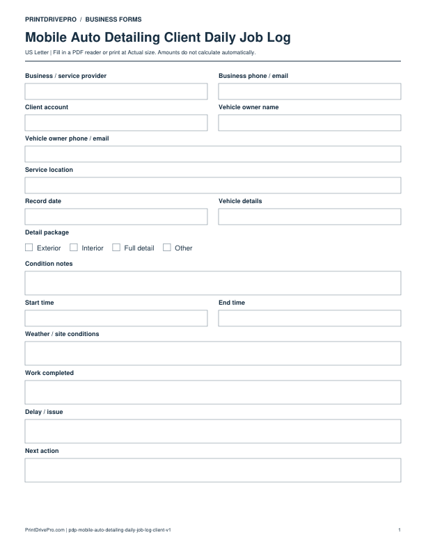 Preview of Mobile Auto Detailing Client Daily Job Log