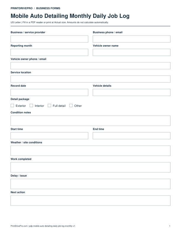 Preview of Mobile Auto Detailing Monthly Daily Job Log