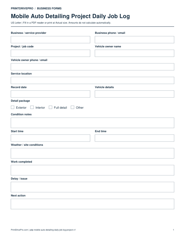 Preview of Mobile Auto Detailing Project Daily Job Log