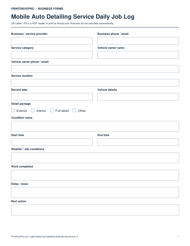 Preview of Mobile Auto Detailing Service Daily Job Log