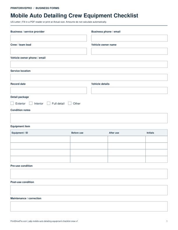 Preview of Mobile Auto Detailing Crew Equipment Checklist