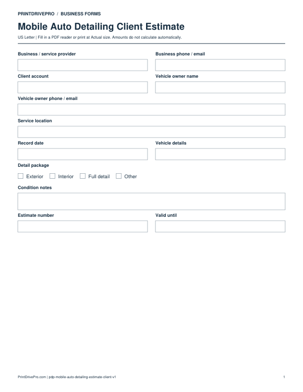 Preview of Mobile Auto Detailing Client Estimate