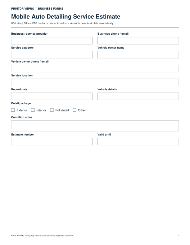 Preview of Mobile Auto Detailing Service Estimate