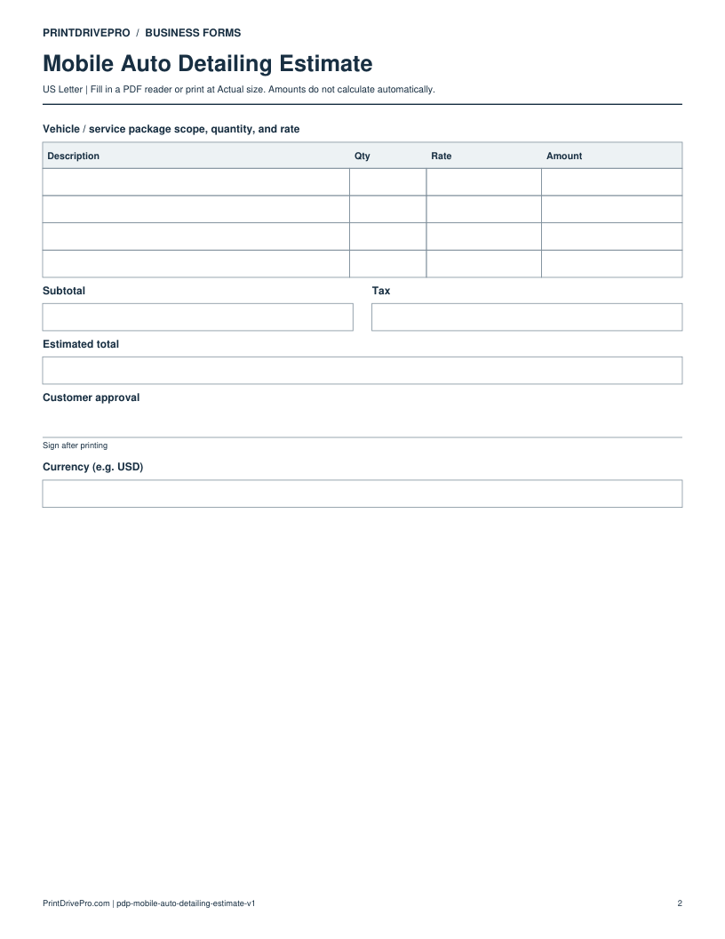 Page 2 of Mobile Auto Detailing Estimate Printable
