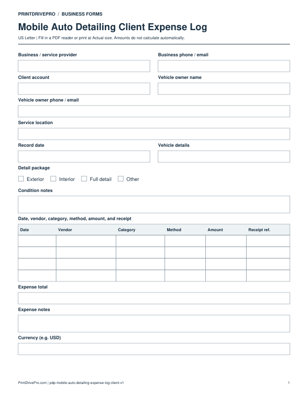 Preview of Mobile Auto Detailing Client Expense Log