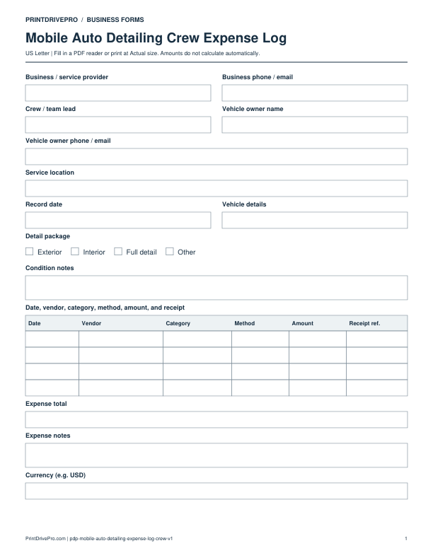 Preview of Mobile Auto Detailing Crew Expense Log