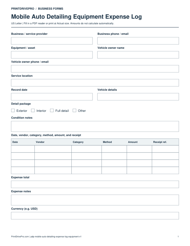 Preview of Mobile Auto Detailing Equipment Expense Log