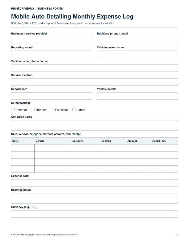 Preview of Mobile Auto Detailing Monthly Expense Log