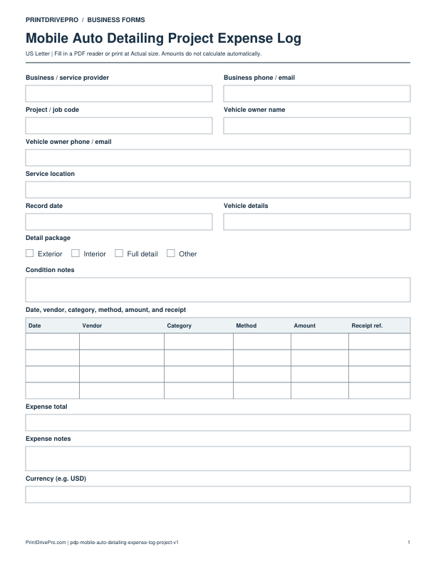 Preview of Mobile Auto Detailing Project Expense Log