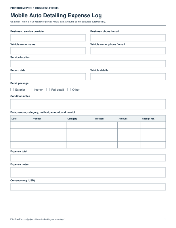 Preview of Mobile Auto Detailing Expense Log