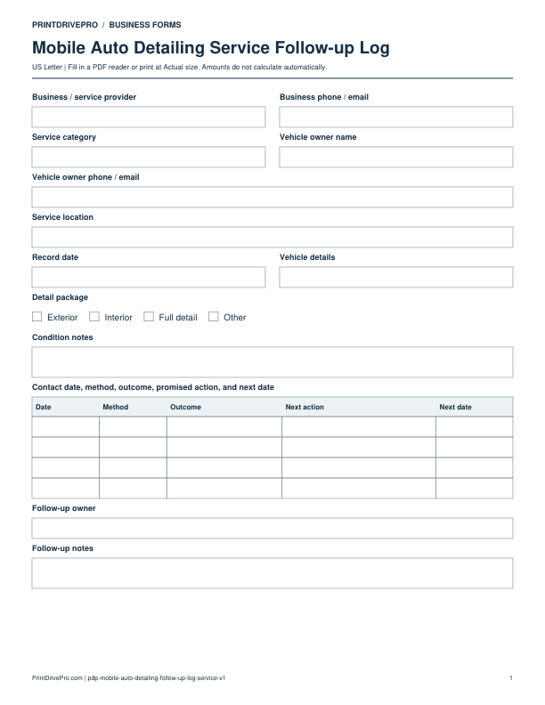 Preview of Mobile Auto Detailing Service Follow-up Log
