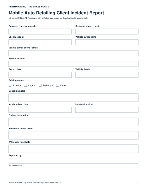 Preview of Mobile Auto Detailing Client Incident Report