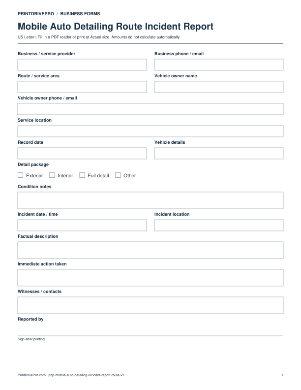 Preview of Mobile Auto Detailing Route Incident Report