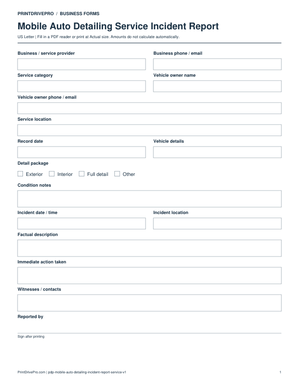 Preview of Mobile Auto Detailing Service Incident Report