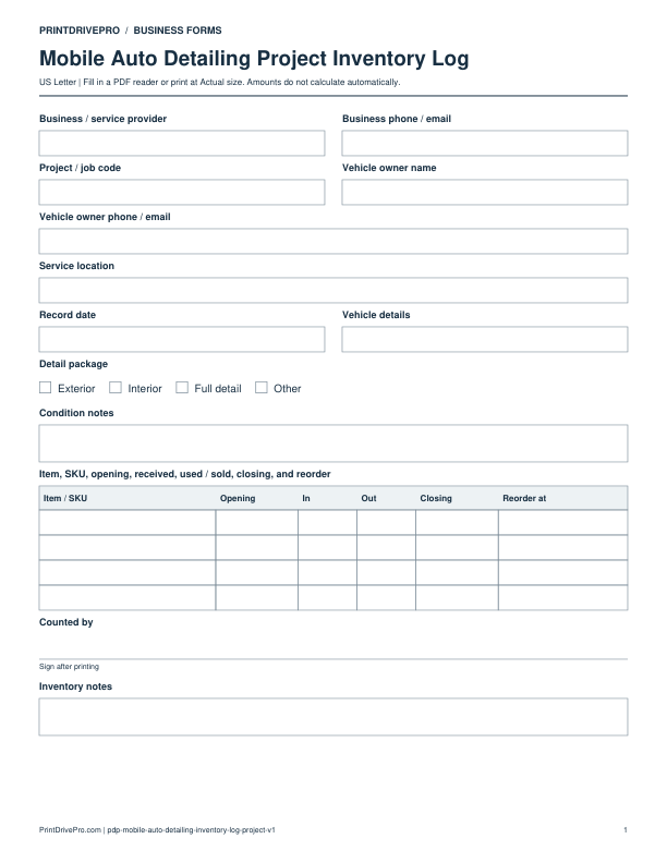 Preview of Mobile Auto Detailing Project Inventory Log