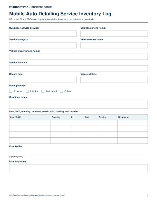 Preview of Mobile Auto Detailing Service Inventory Log
