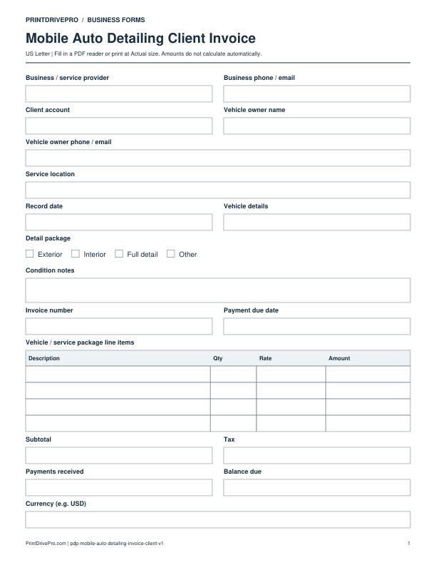 Preview of Mobile Auto Detailing Client Invoice